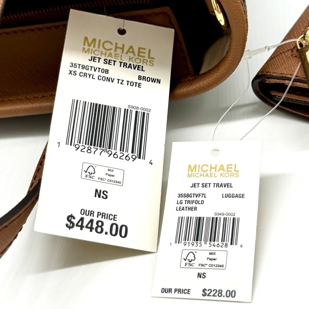 Michael Kors JST XS Logo TZ Tote Bag & Matching Trifold Wallet Signature Brown